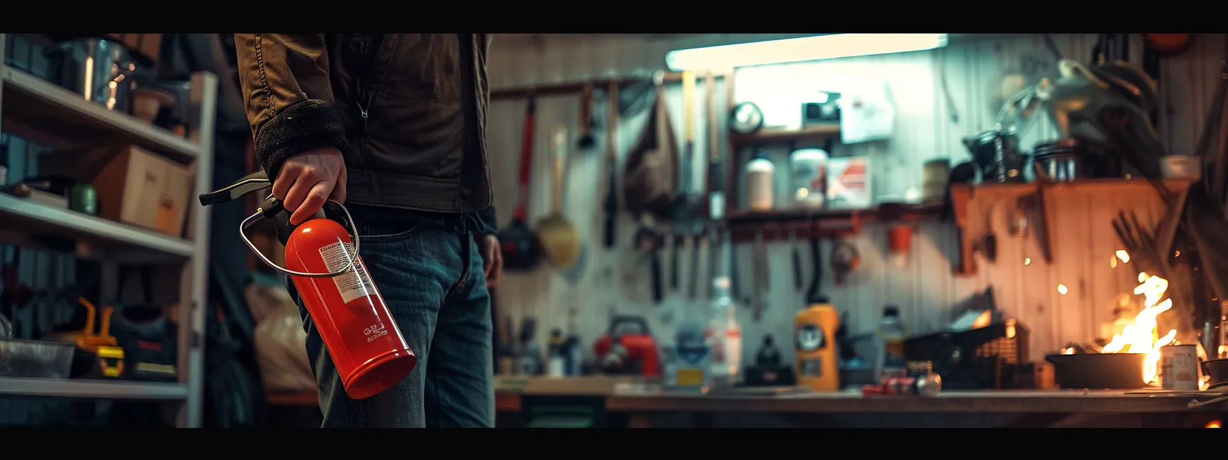 a person holding a fire extinguisher and a first aid kit in a well-organized garage workshop.