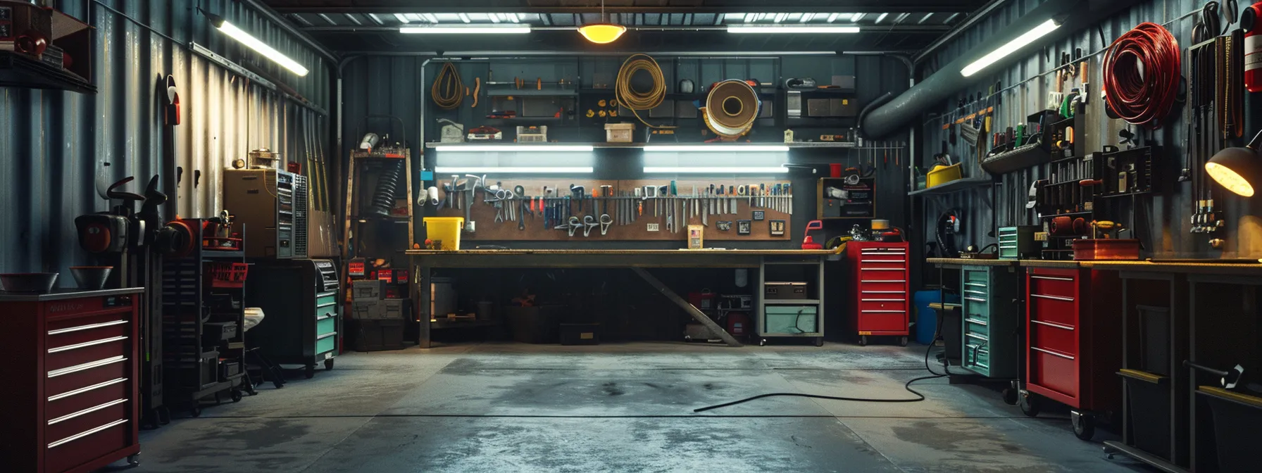 garage filled with bright overhead lights illuminating a workbench and tool storage area.