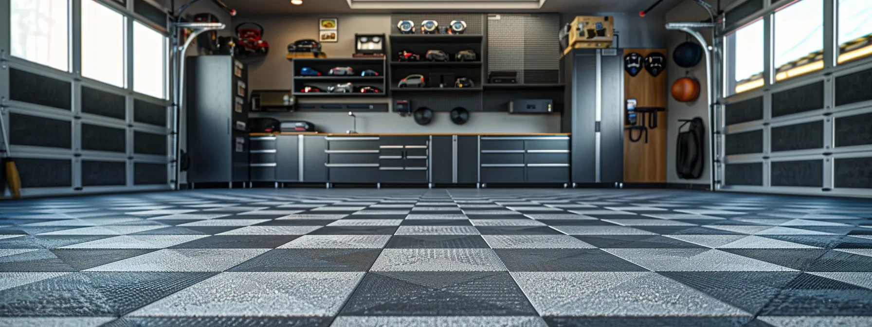a garage floor with sleek interlocking tiles enhancing the workspace.