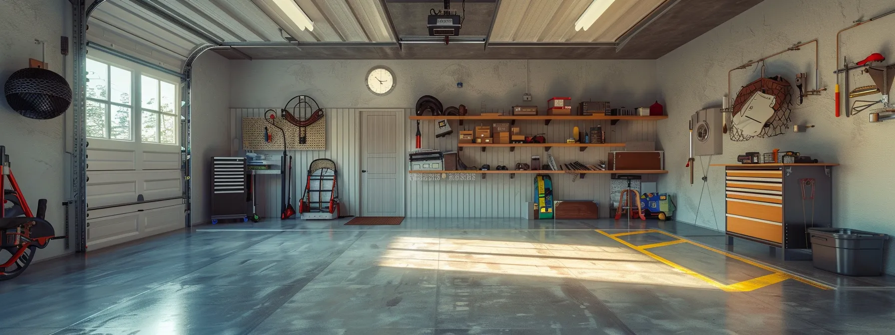 a spacious garage with clearly marked zones for storage, work, and parking.