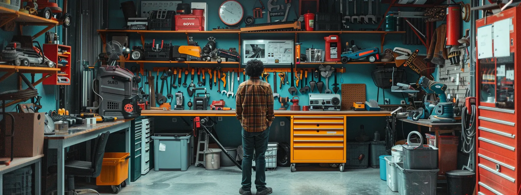a person standing in a well-organized garage, surrounded by various high-quality tools and equipment.