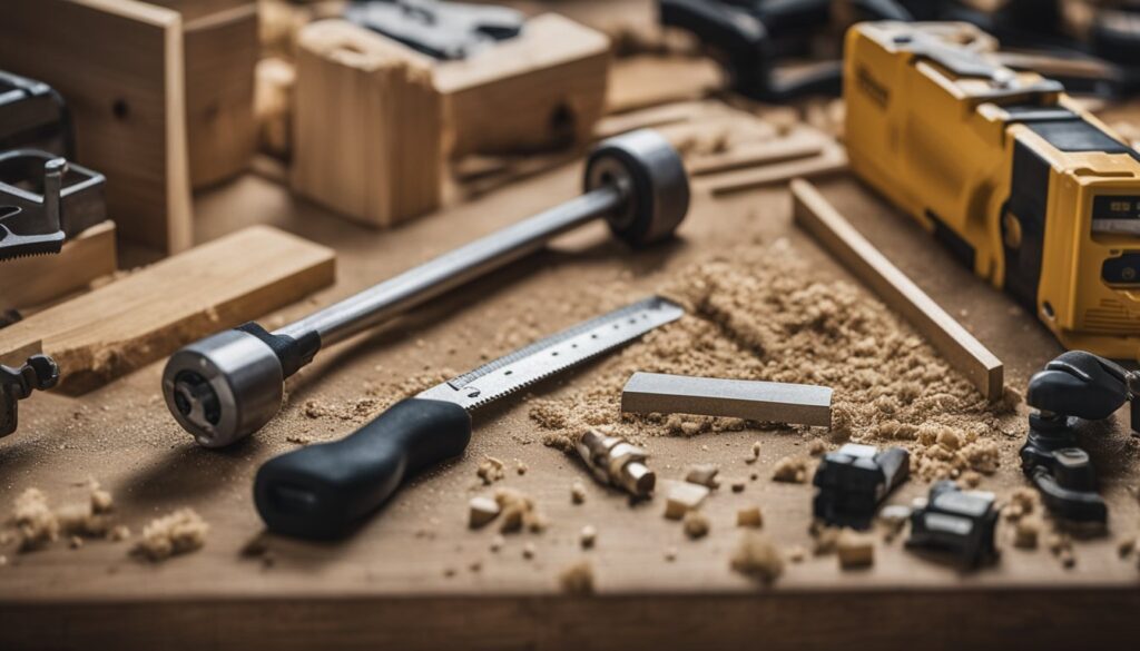 Close-up of trim carpentry tools and wooden molding pieces on a workbench