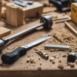 Close-up of trim carpentry tools and wooden molding pieces on a workbench