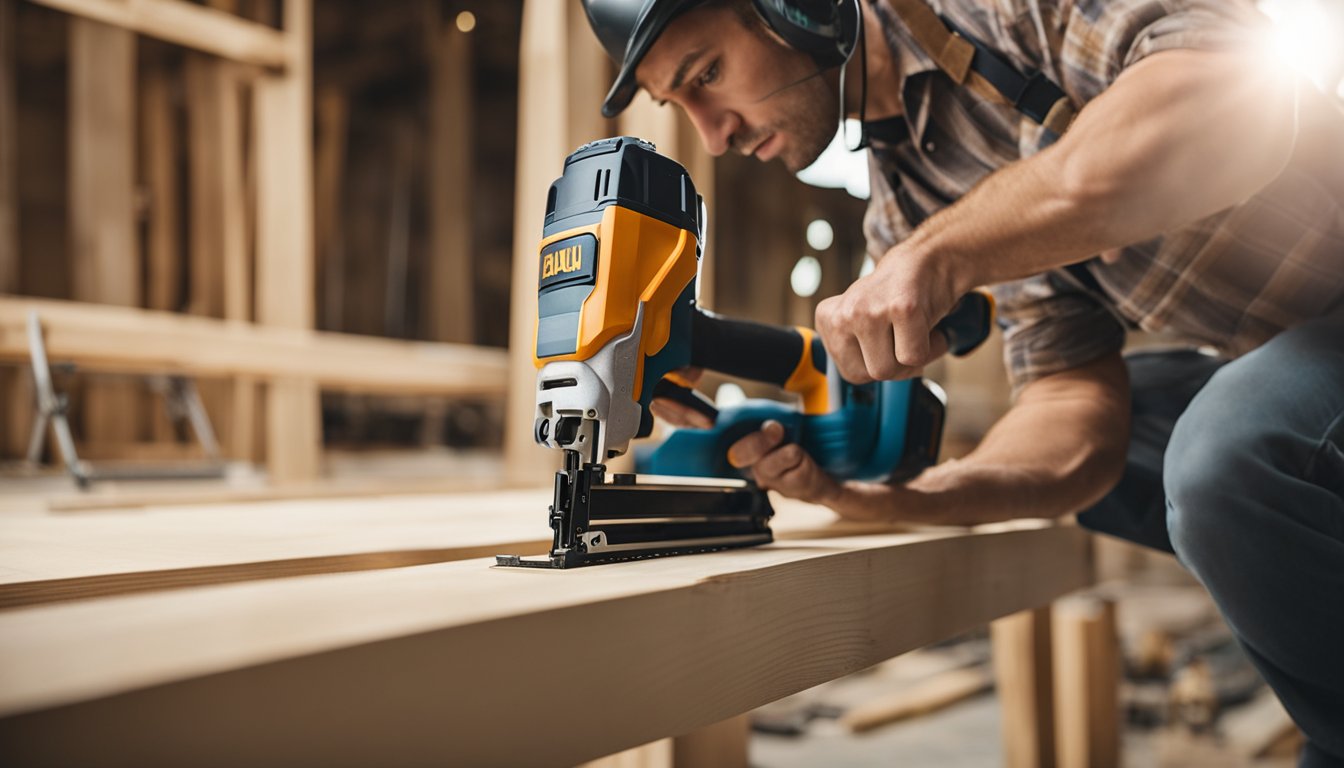 A carpenter installs trim using a nail gun and level. Caulking and sanding follow for a smooth finish