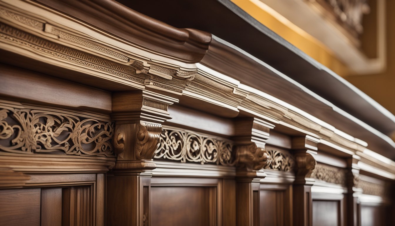 Precise cuts and intricate designs adorn the woodwork, showcasing advanced trim techniques and styles in trim carpentry
