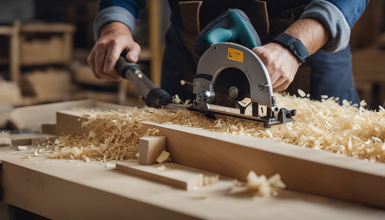 A carpenter measuring and cutting trim pieces with precision tools in a well-lit workshop. Sawdust and wood shavings scattered on the workbench