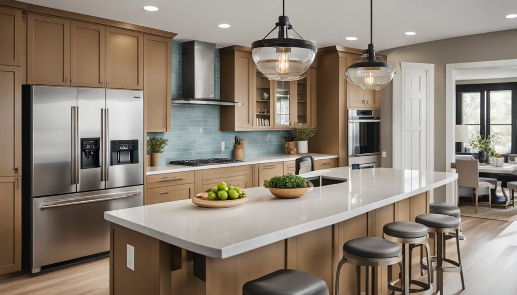 A bright and spacious kitchen with modern appliances and sleek countertops, surrounded by freshly painted walls and new cabinetry