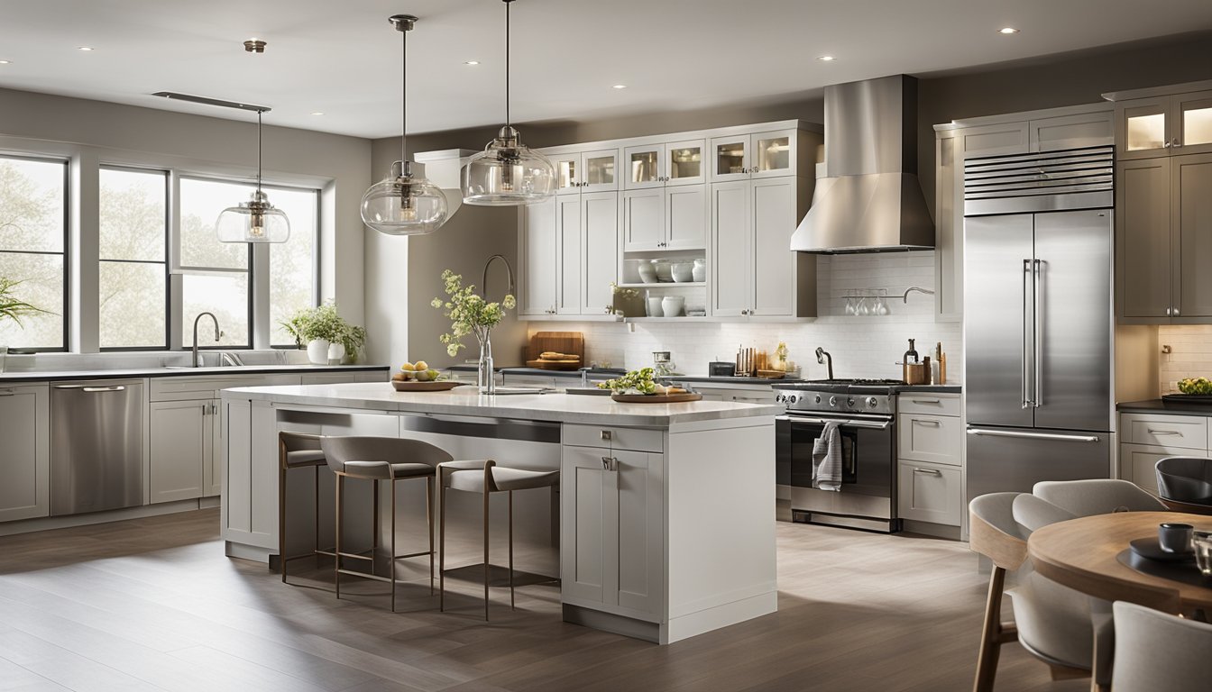 A spacious kitchen with modern appliances, sleek countertops, and ample storage. Bright natural light streams in through large windows, highlighting the clean, contemporary design