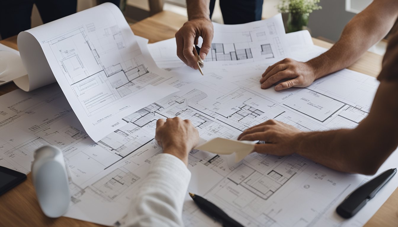 A homeowner in Hamilton, Ontario meets with a contractor to discuss kitchen renovations. Blueprints and samples are spread out on the table, while the contractor gestures towards potential design ideas