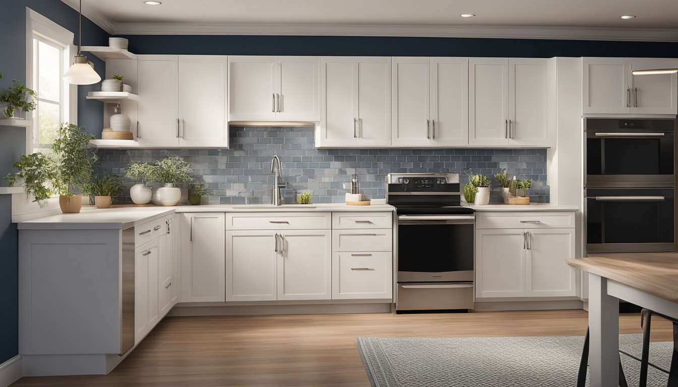 A modern kitchen with new cabinets, countertops, and appliances. A fresh coat of paint brightens the room, and new lighting fixtures add a warm glow
