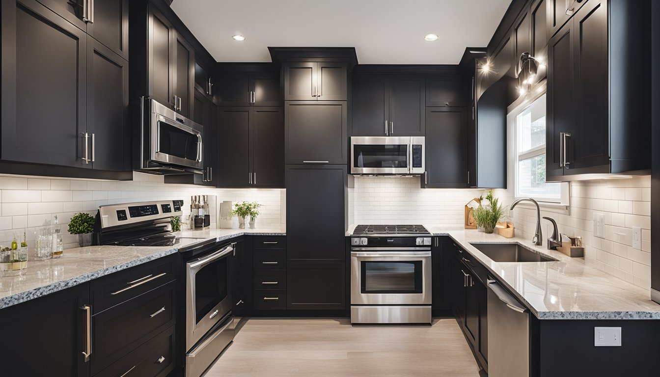 A kitchen in Hamilton, Ontario undergoing renovations with new cabinets, countertops, and appliances being installed. The space is bright and open, with natural light streaming in through the windows