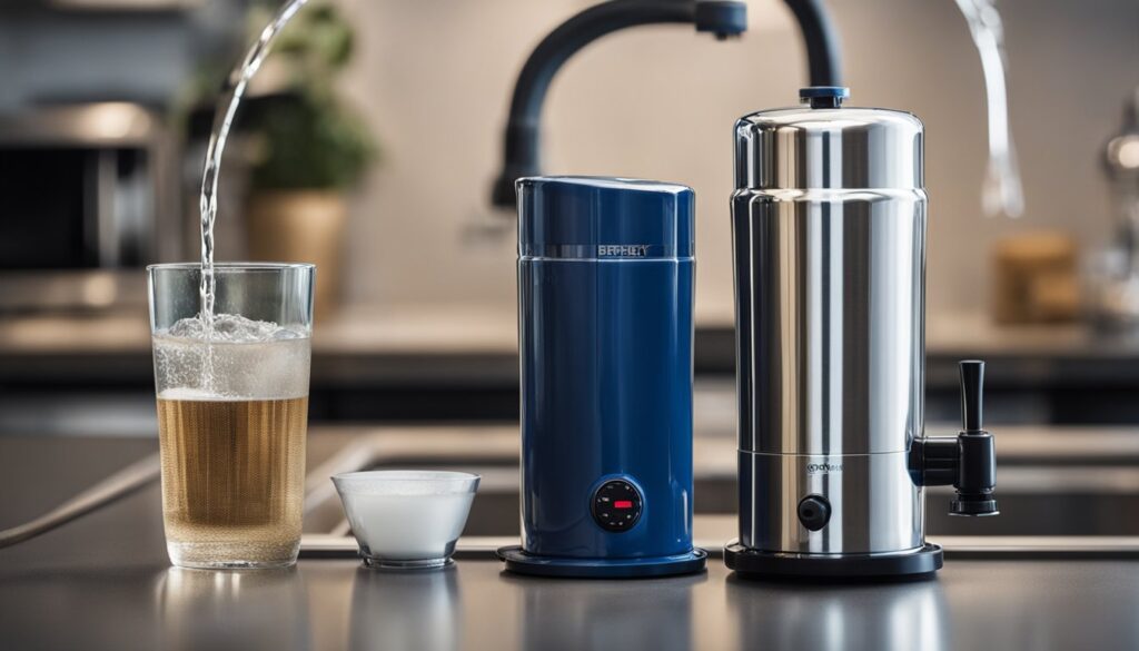 A Berkey filter and a reverse osmosis filter side by side, with water being poured into each, demonstrating their filtration process