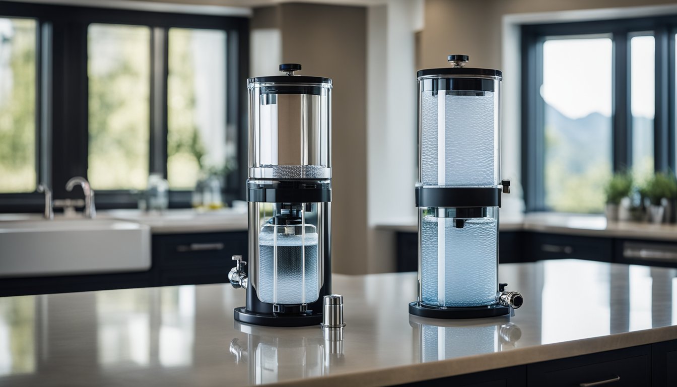 A Berkey water filter tower stands beside a reverse osmosis filter system, both surrounded by clear glass containers and flowing water