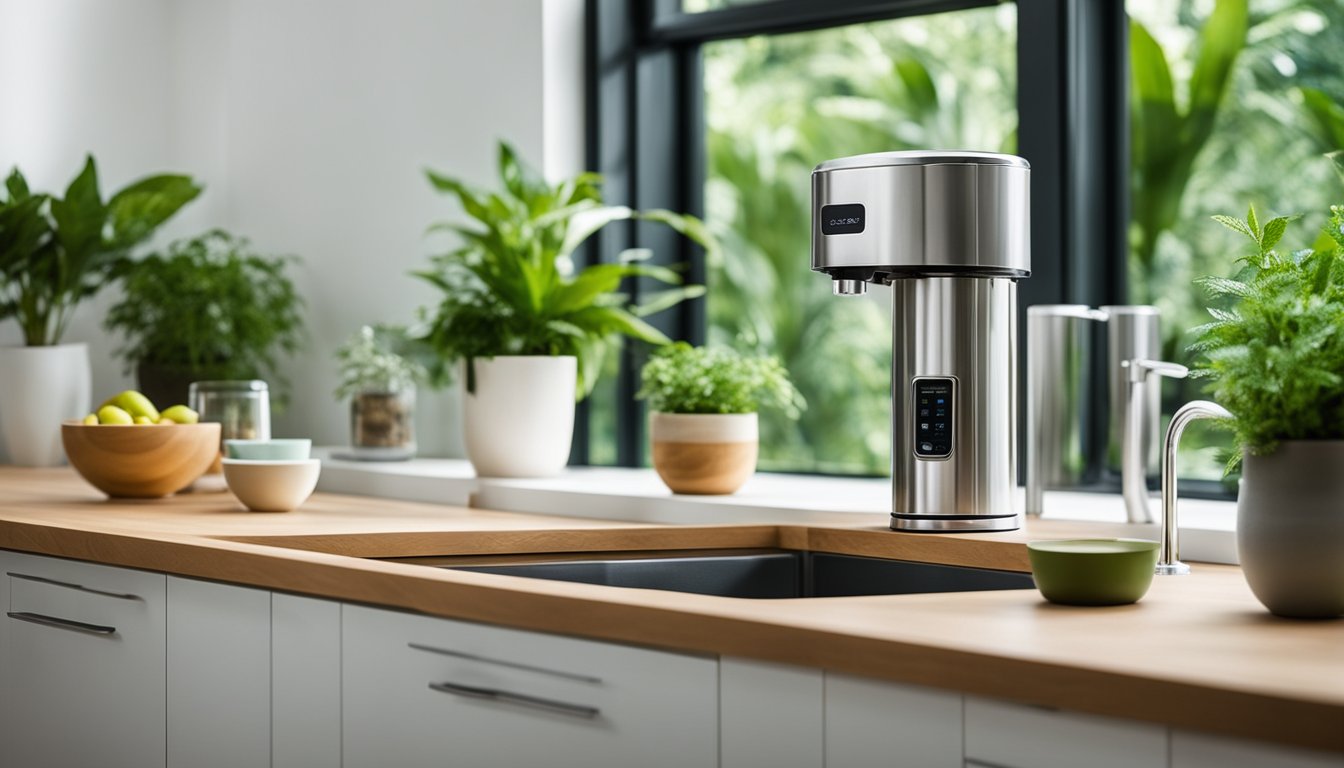 A serene kitchen counter with a Travel Berkey and Reverse Osmosis filters side by side, surrounded by lush green plants