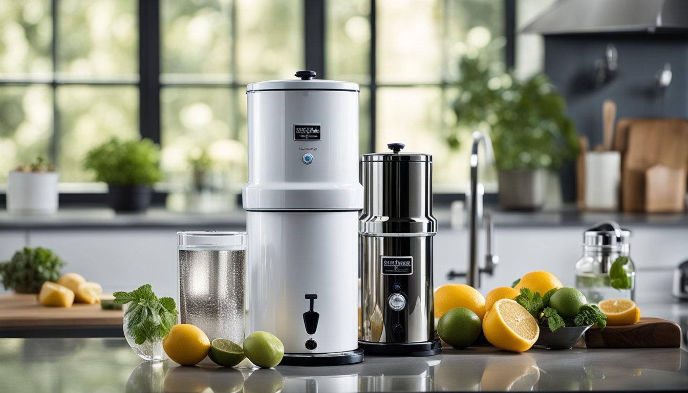 A Royal Berkey and Reverse Osmosis filter stand side by side, surrounded by water droplets and a clean, modern kitchen backdrop