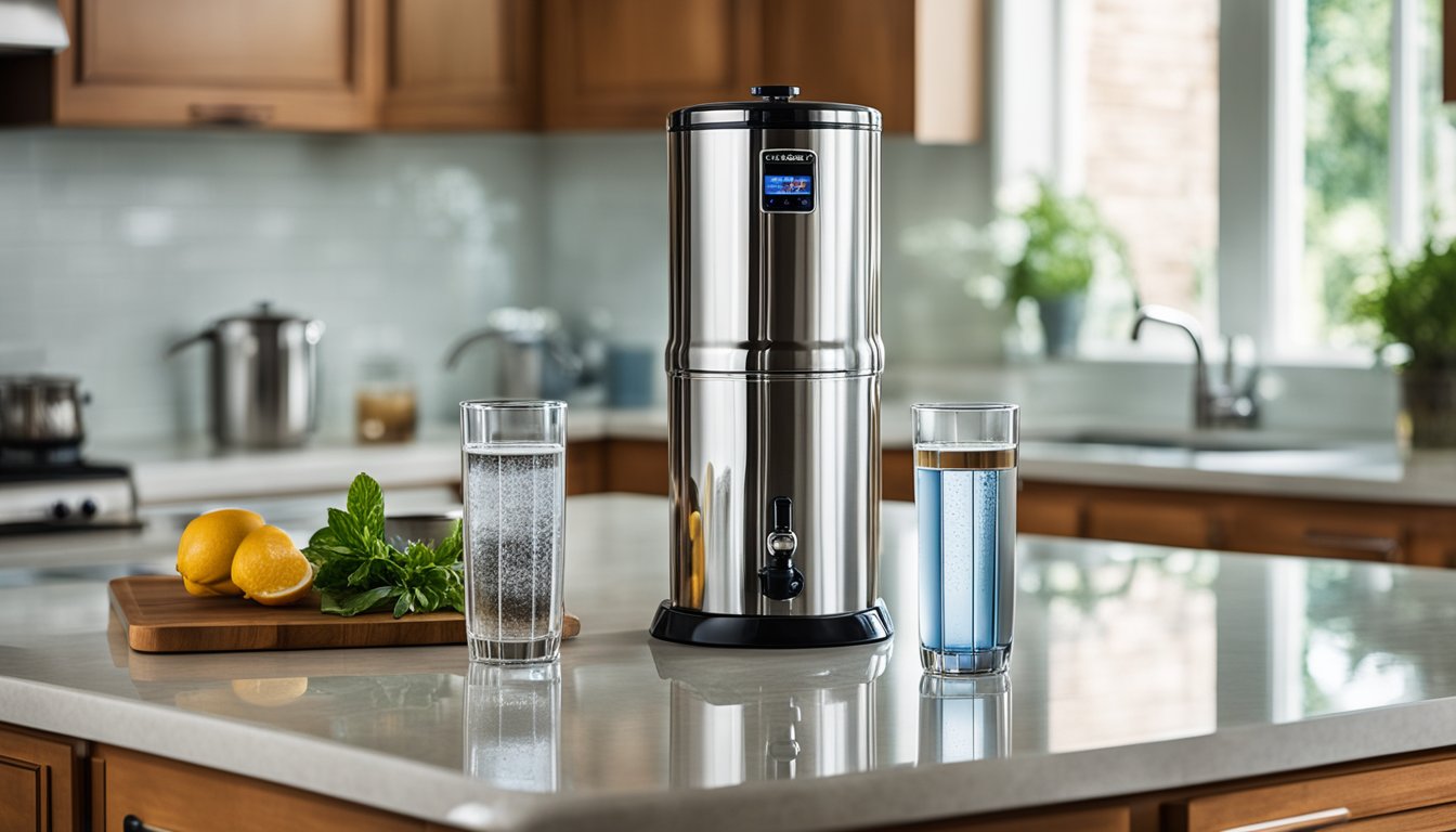 A Berkey water filter and a reverse osmosis filter side by side on a kitchen countertop, with water glasses nearby