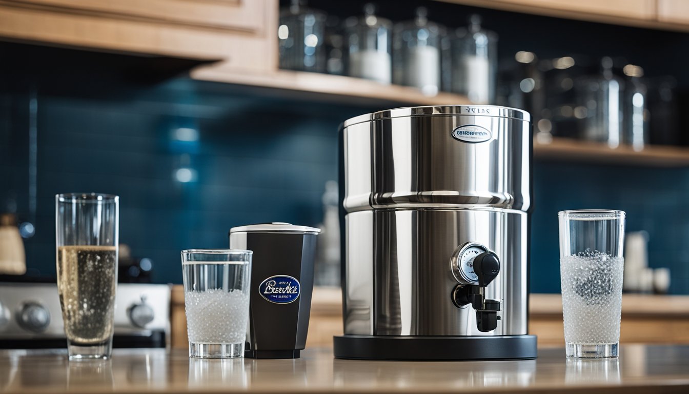 A Berkey water filter tower stands tall next to a reverse osmosis filtration system, both surrounded by clear, clean drinking glasses