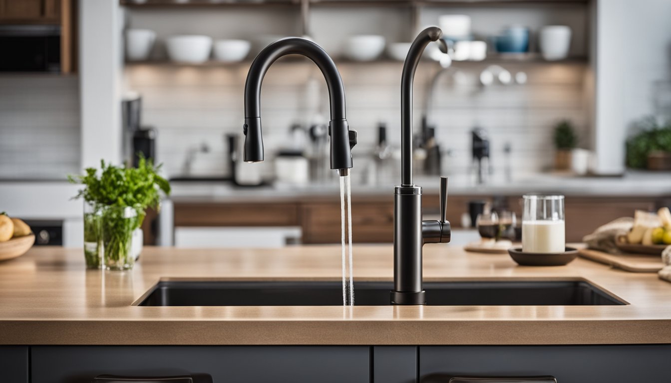 A kitchen countertop with a Berkey water filter system on one side and a reverse osmosis filter system on the other, both connected to a sink faucet