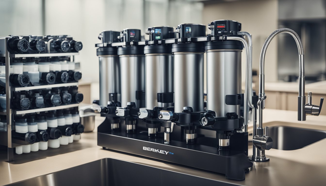 APEC ROES-50 and Berkey filters stand side by side, while reverse osmosis filters are shown in operation, with water flowing through the system