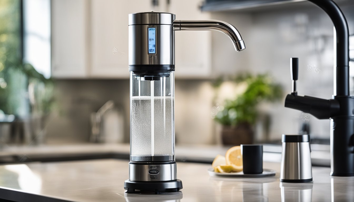 A kitchen countertop with a Home Master TMHP Berkey Filter system on one side and a reverse osmosis filter system on the other