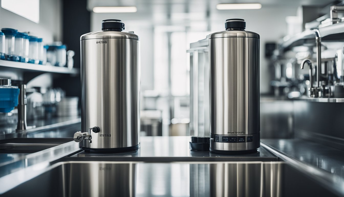 A modern kitchen with two water filtration systems side by side, one labeled "Express Water RO5DX Berkey Filters" and the other "Reverse Osmosis Filters."