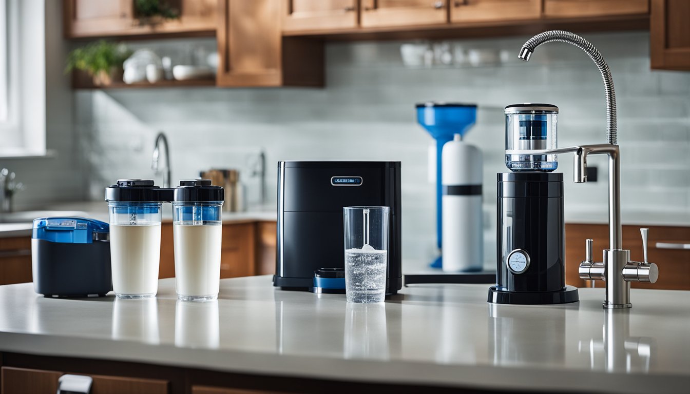 A kitchen counter with a Berkey water filter system next to a reverse osmosis filter system, surrounded by various water testing equipment and containers