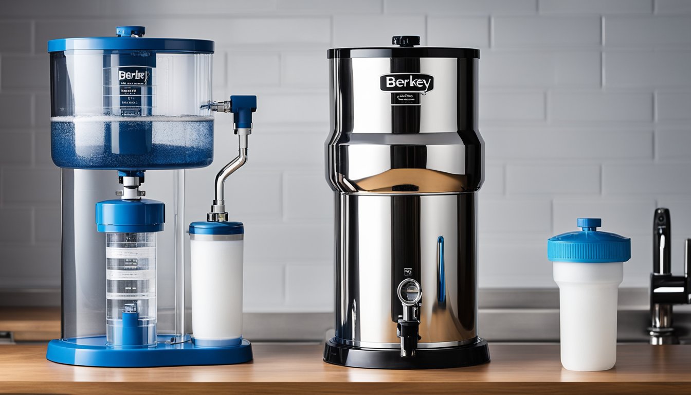 A Berkey filter and a reverse osmosis filter stand side by side, with water flowing through both systems. The Berkey filter shows a simple gravity-fed design, while the reverse osmosis filter displays a more complex system with multiple filtration stages