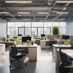 A tidy office space with sparkling floors, dust-free surfaces, organized desk areas, and fresh-smelling air