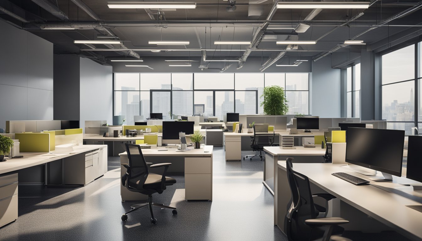 A tidy office space with sparkling floors, dust-free surfaces, organized desk areas, and fresh-smelling air