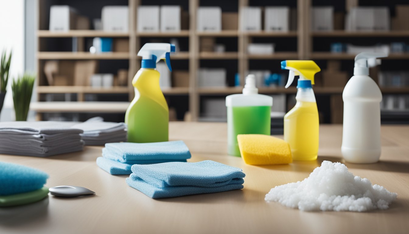 A tidy office space with cleaning products neatly organized and a professional cleaning crew at work, ensuring a spotless environment