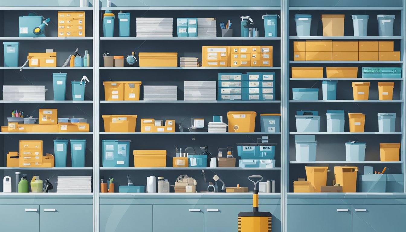 A tidy office space with a vacuum, mop, and cleaning supplies neatly organized on a shelf. A price list is displayed prominently on the wall