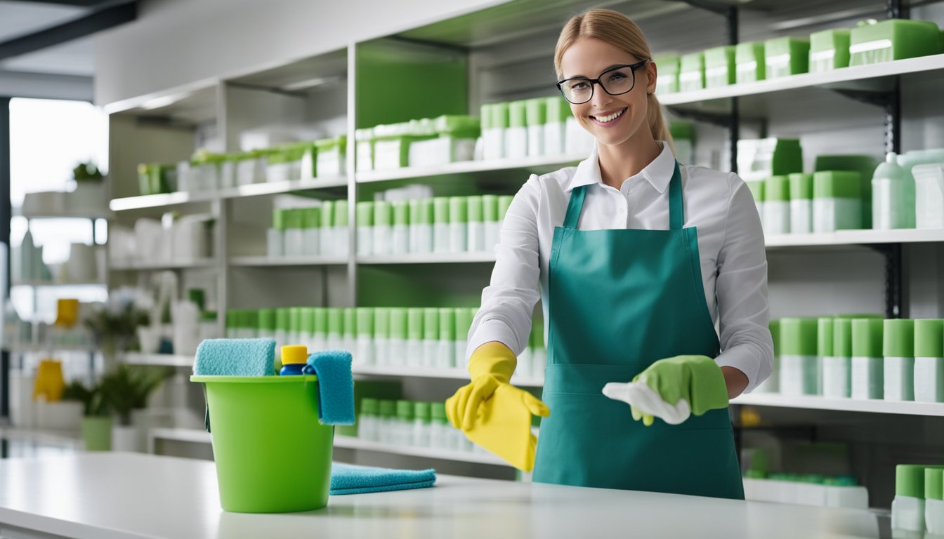 A bright, spacious office with eco-friendly cleaning products neatly organized on shelves. A cleaning service worker efficiently tidying and disinfecting surfaces
