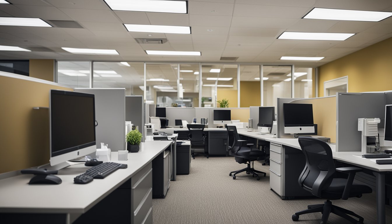 A busy office space with desks, computers, and paperwork scattered around. A cleaning schedule pinned to the wall and a janitorial cart stocked with supplies
