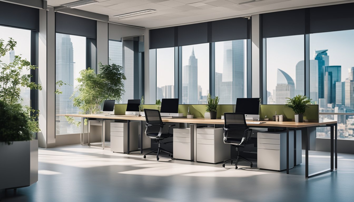 A modern office space with clean, organized desks and floors, sparkling windows, and a pleasant scent lingering in the air