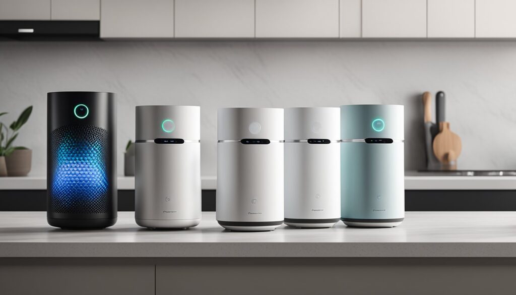 Four portable air purifiers arranged on a clean, modern home countertop, each displaying their brand logo prominently. The purifiers are sleek and compact, with various features and designs