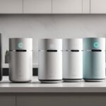 Four portable air purifiers arranged on a clean, modern home countertop, each displaying their brand logo prominently. The purifiers are sleek and compact, with various features and designs