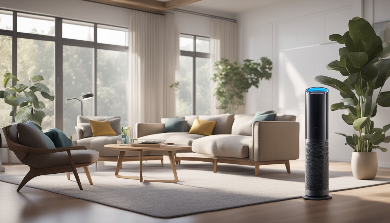 A modern living room with a Dyson Pure Cool TP04 air purifier standing on a sleek table, surrounded by other top brand portable air purifiers