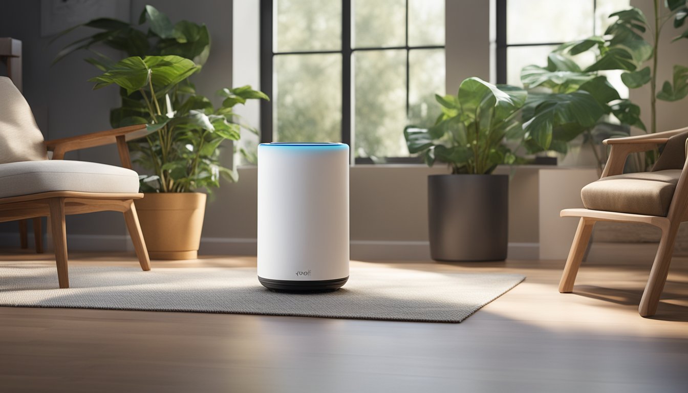A living room with Levoit Core 300 and 3 other portable air purifiers placed on a table, surrounded by plants and with sunlight streaming in through the window