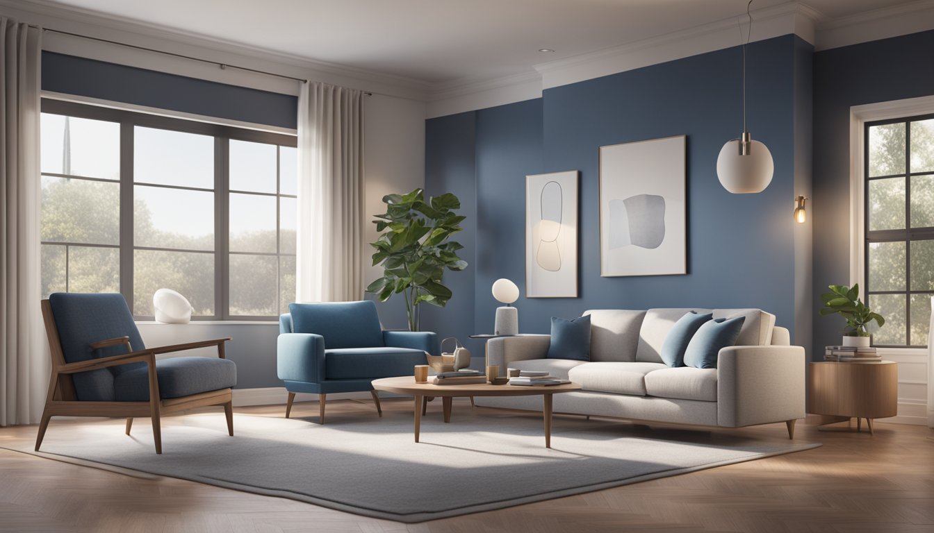 A cozy living room with a Blueair Blue Pure 411 air purifier placed on a side table, surrounded by comfortable furniture and soft lighting