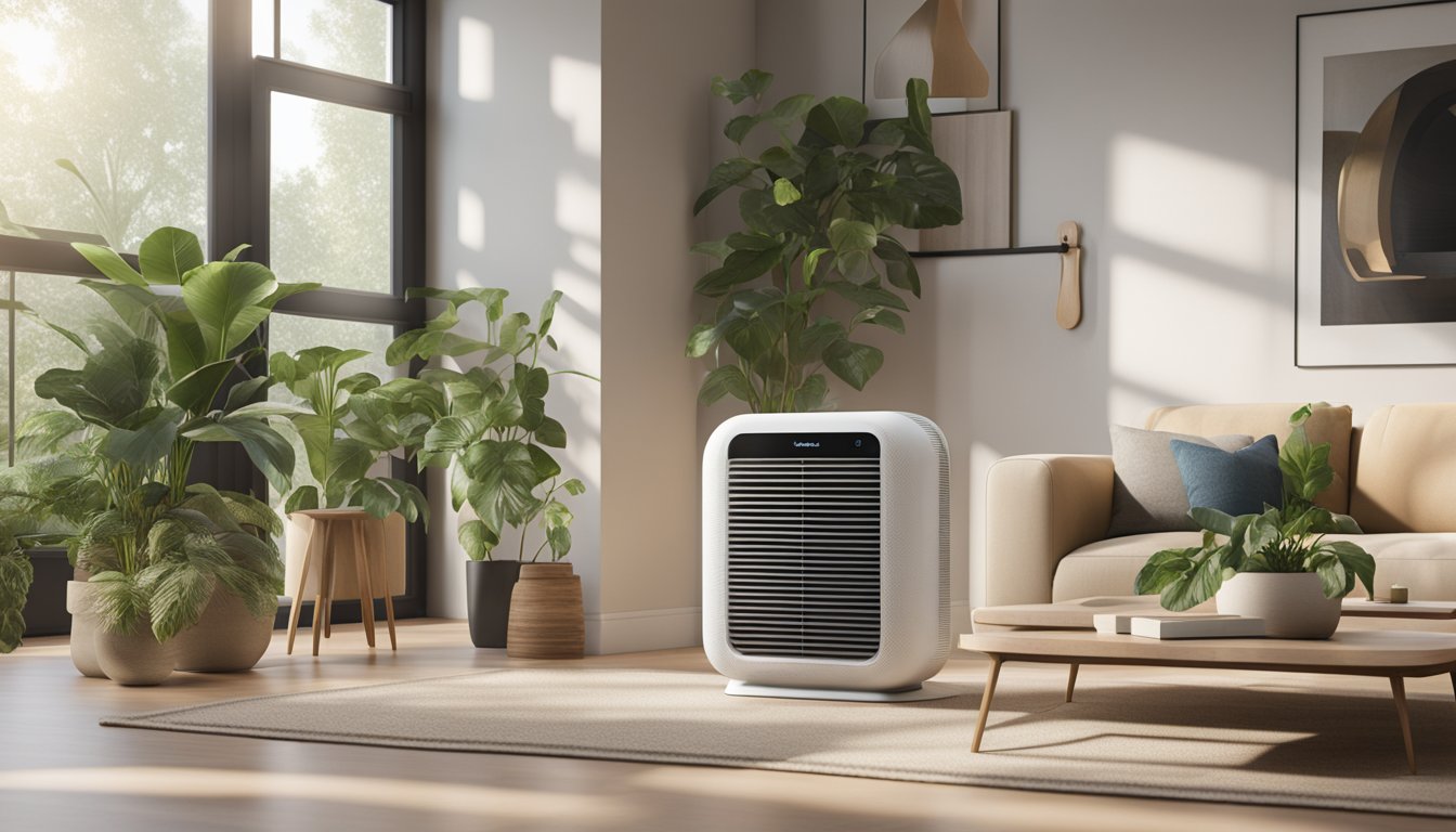 A modern living room with a Honeywell HPA300 air purifier in the corner, surrounded by plants and natural light streaming in through the windows