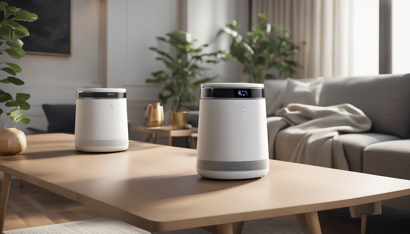 A living room with four different portable air purifiers placed on a table, each displaying the logo of a top brand. The room is well-lit and airy, with a cozy and inviting atmosphere