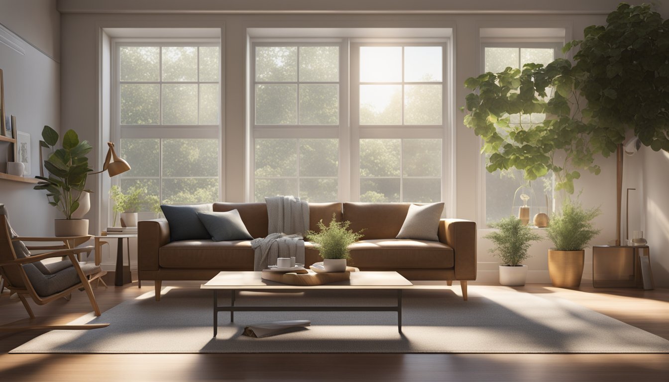 A cozy living room with sunlight streaming in through the window, where a portable air purifier from one of the top 4 brands is placed on a side table, surrounded by clean and fresh air