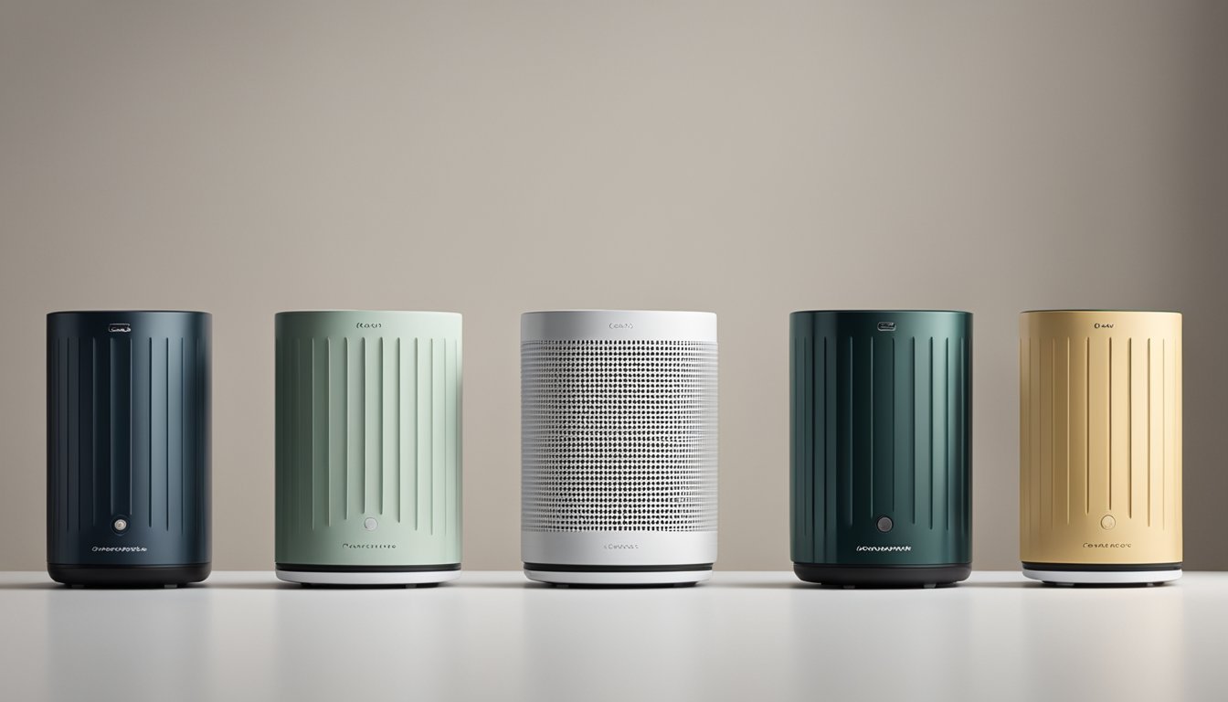 Four portable air purifiers arranged in a row with their brand logos prominently displayed above them. Each purifier is placed on a clean, modern countertop with a soft, neutral background