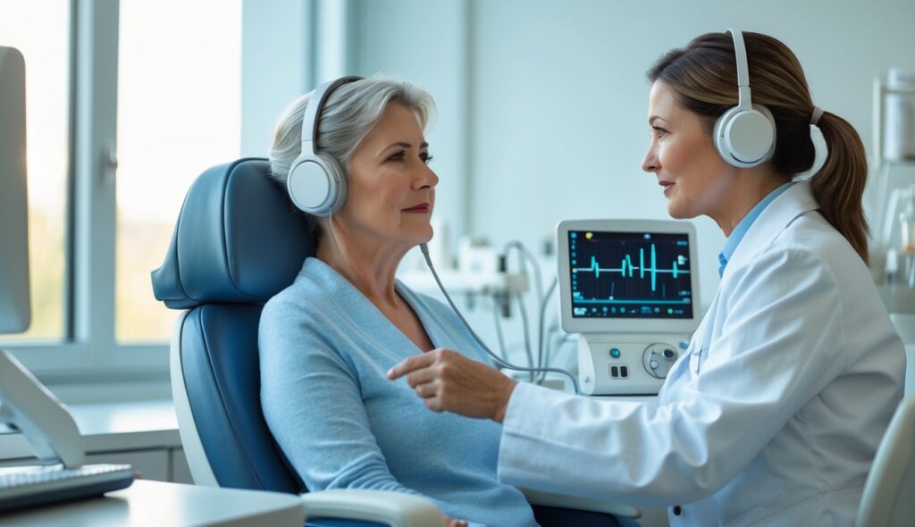 A healthcare professional administering a hearing test to a patient wearing audiometric headphones in a medical clinic.