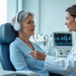 A healthcare professional administering a hearing test to a patient wearing audiometric headphones in a medical clinic.