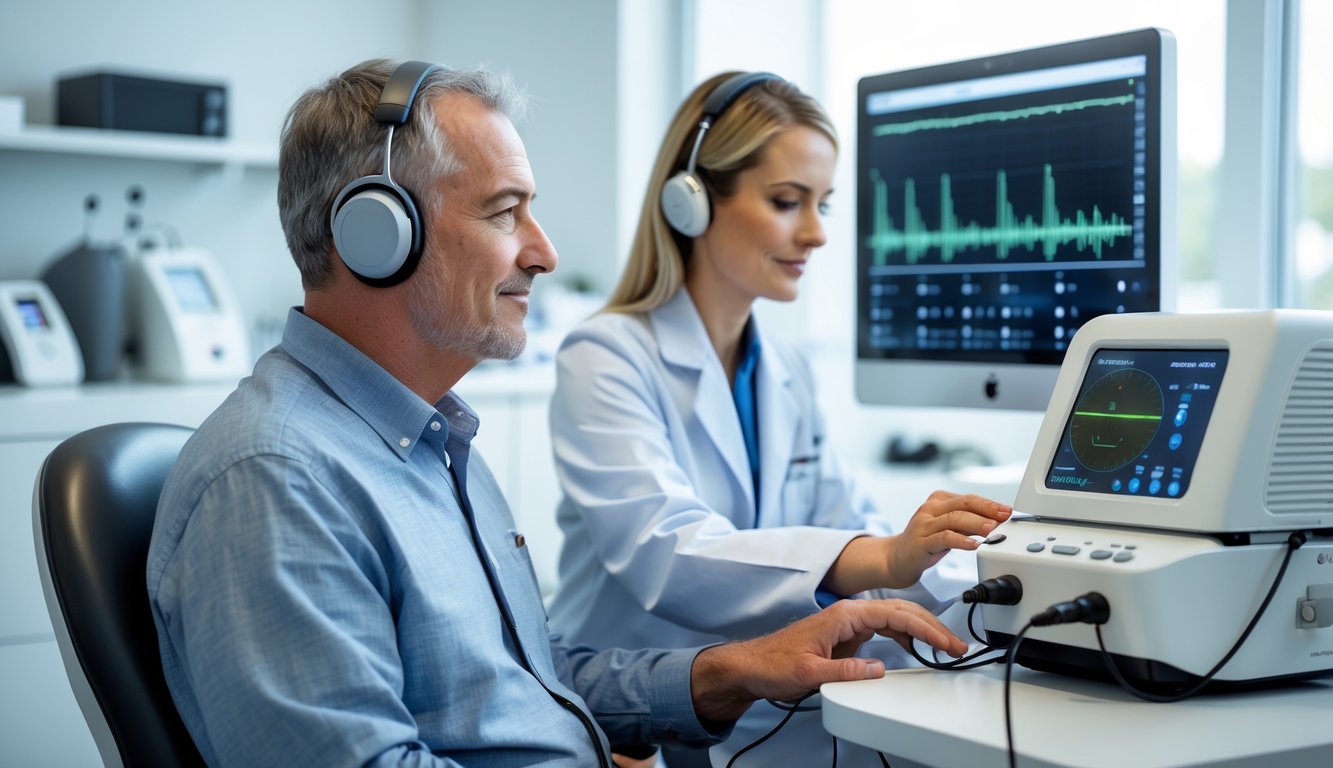 A middle-aged man wearing audiometric headphones during a hearing test with a female audiologist operating an audiometer in a clinical setting.