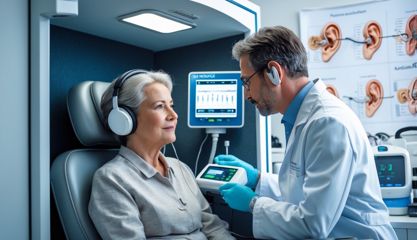 A healthcare professional conducting a hearing test on a patient wearing headphones in a clinical setting.
