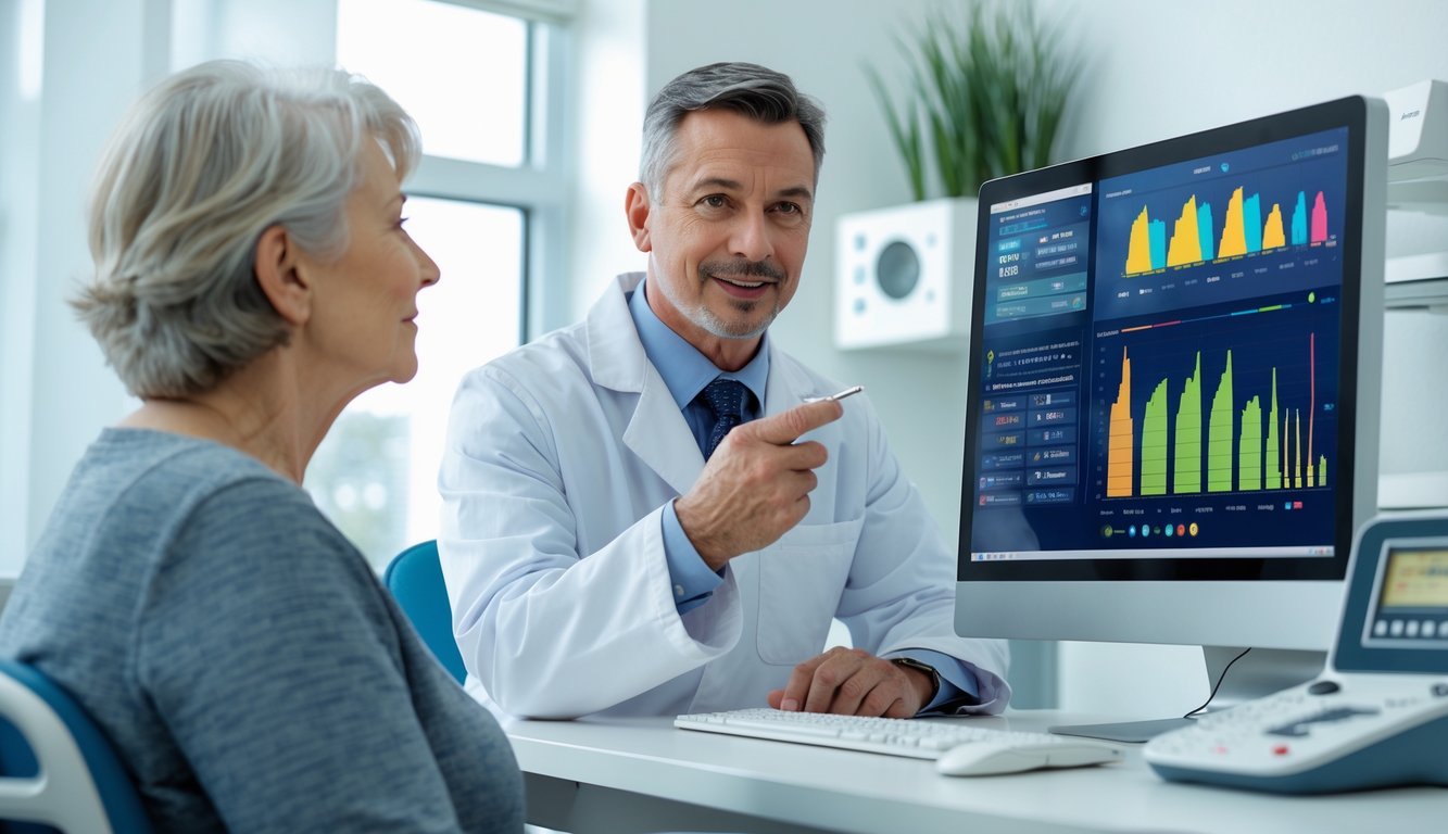 An audiologist explains hearing test results to a patient in a medical office with hearing test equipment visible.