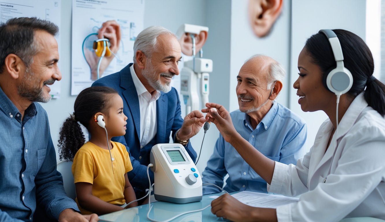 An audiologist conducts a hearing test on an elderly man wearing a hearing aid while a young child watches in a modern clinic.