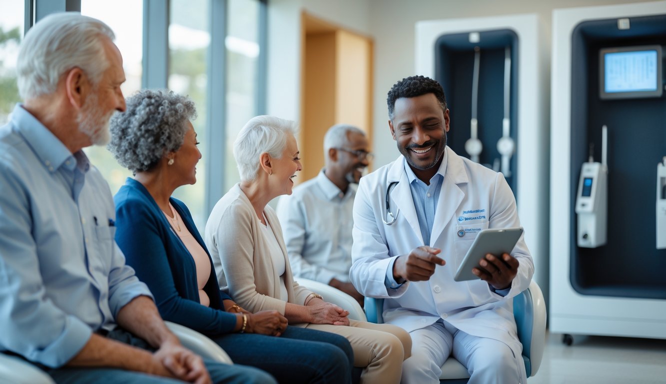 Audiologist explaining hearing test procedure to patients in a modern clinic waiting area with hearing test equipment in the background.